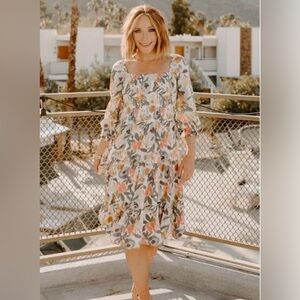 Baltic Born Balloon Sleeve Marta Smocked Midi A-Line Dress Multicolor Floral XXL